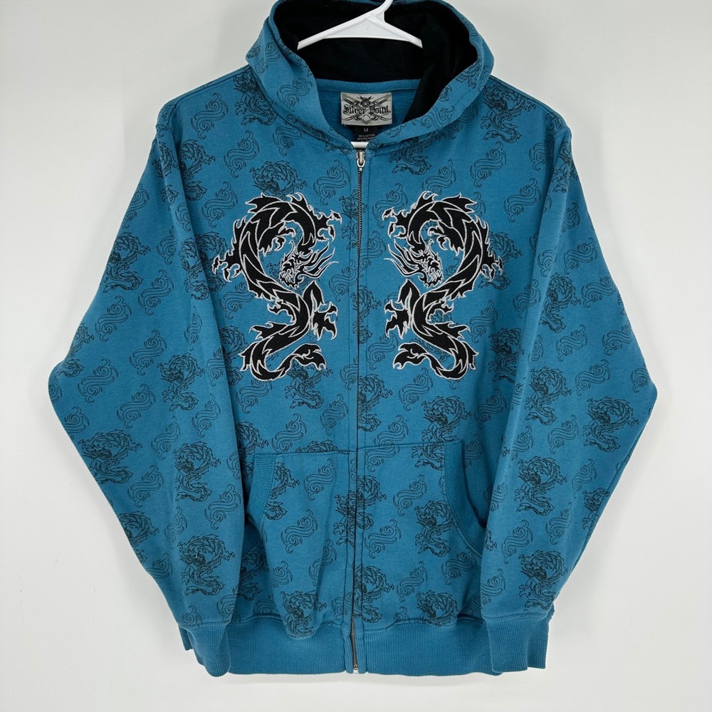 Vintage Y2K AOP Silver Point Kids Teal Blue Dragon Print Full Zip Hoodie Size M